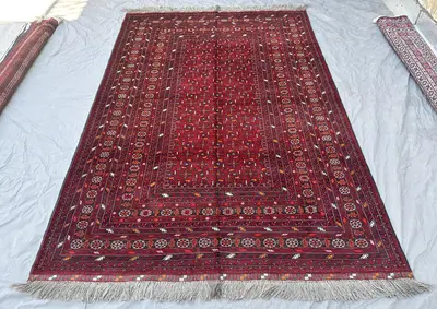 High Quality Red Afghan Bashiri Rug 9x6, Vintage Hand-Knotted Wool Carpet, Tribal Diamond Medallion Design, Li
