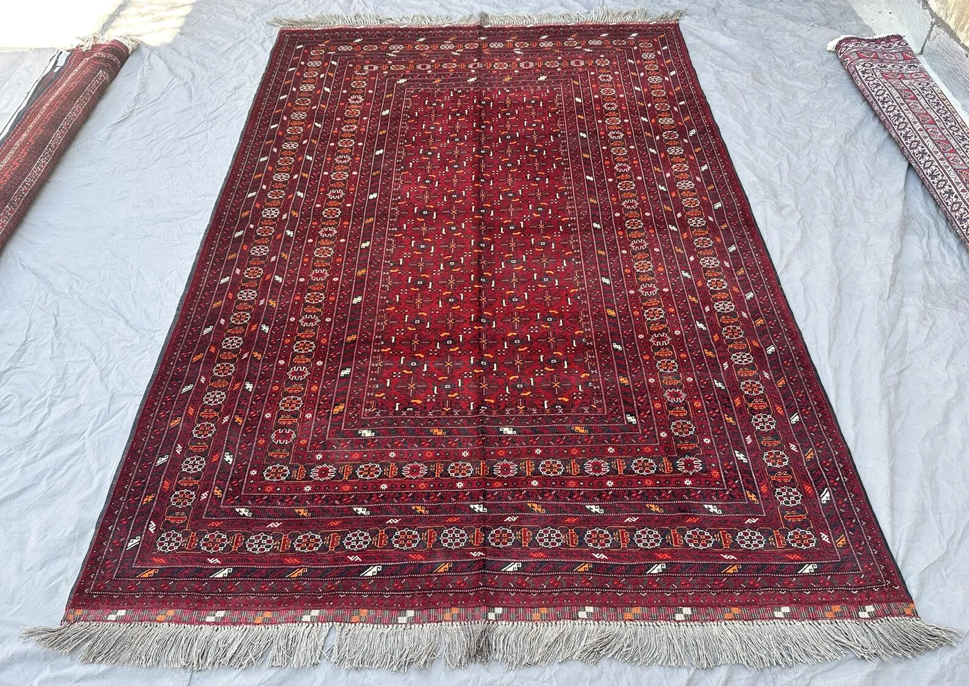 High Quality Red Afghan Bashiri Rug 9x6, Vintage Hand-Knotted Wool Carpet, Tribal Diamond Medallion Design, Living Room Rug