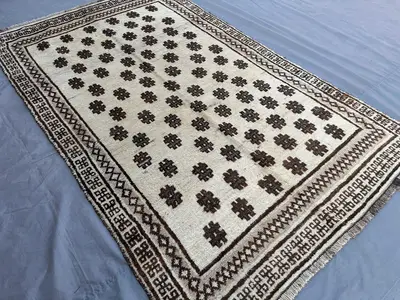 Vintage Afghan Baluch Rug 5x8 Handmade Wool Tribal Carpet | Cream and Brown Geometric Design | Unique Area Rug
