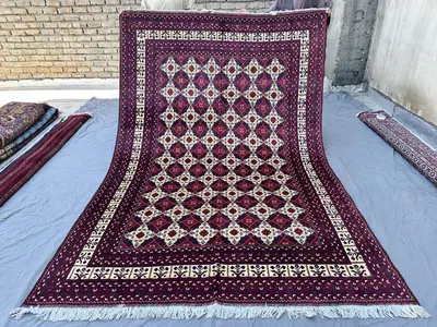 Burgundy & Ivory Afghan Baluchi Rug 9x6, Hand-Knotted Wool Carpet, Star Diamond Lattice Design, Vintage Living