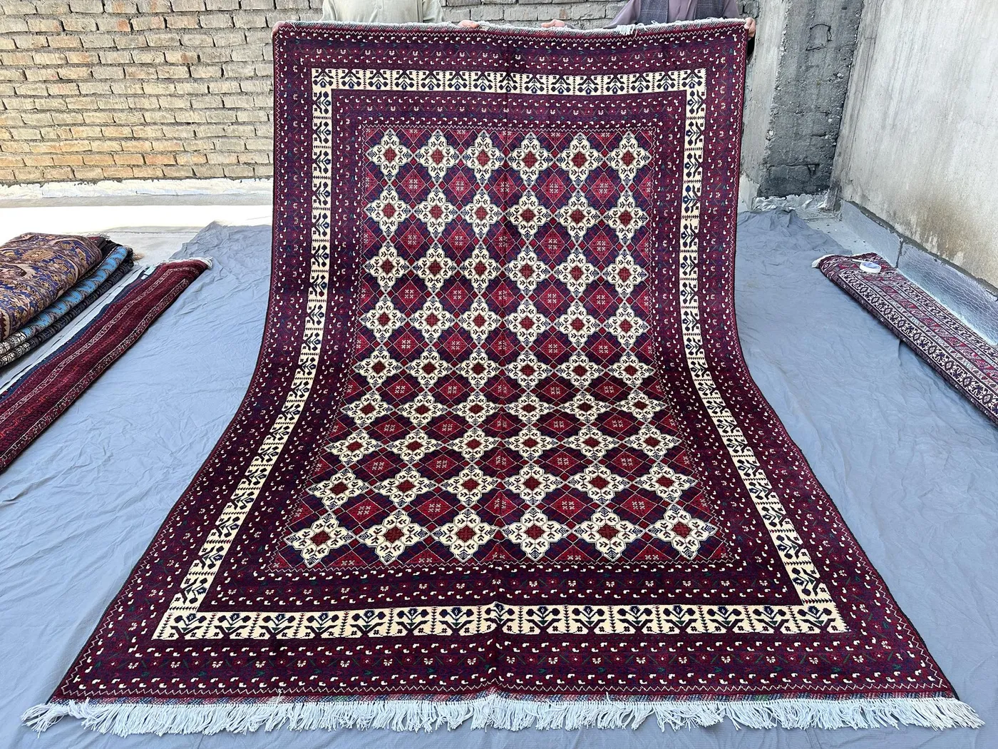 Burgundy & Ivory Afghan Baluchi Rug 9x6, Hand-Knotted Wool Carpet, Star Diamond Lattice Design, Vintage Living Room Rug
