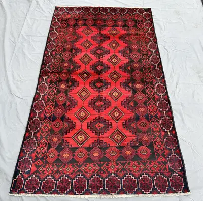 Fine Vintage Herati 4x8 Rug, Handcrafted Dye Orange Wool Hallway Rug, Geometric Diamond Motifs Rug, Oriental T
