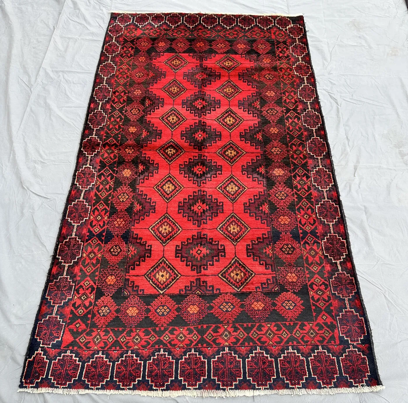 Fine Vintage Herati 4x8 Rug, Handcrafted Dye Orange Wool Hallway Rug, Geometric Diamond Motifs Rug, Oriental Traditional rug Living Room Rug