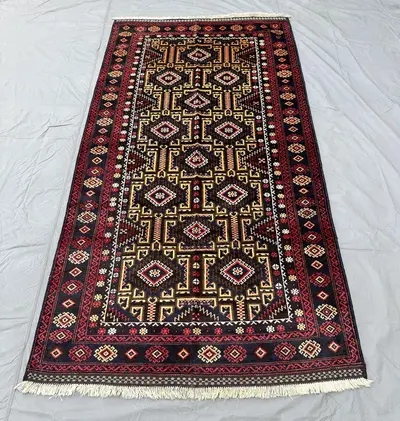 Vintage Handwoven Afghan Baluchi 4x9 Hallway Rug, Wide Runner Rug, Dark Geometric Pattern Rug, Entryway Rug, N