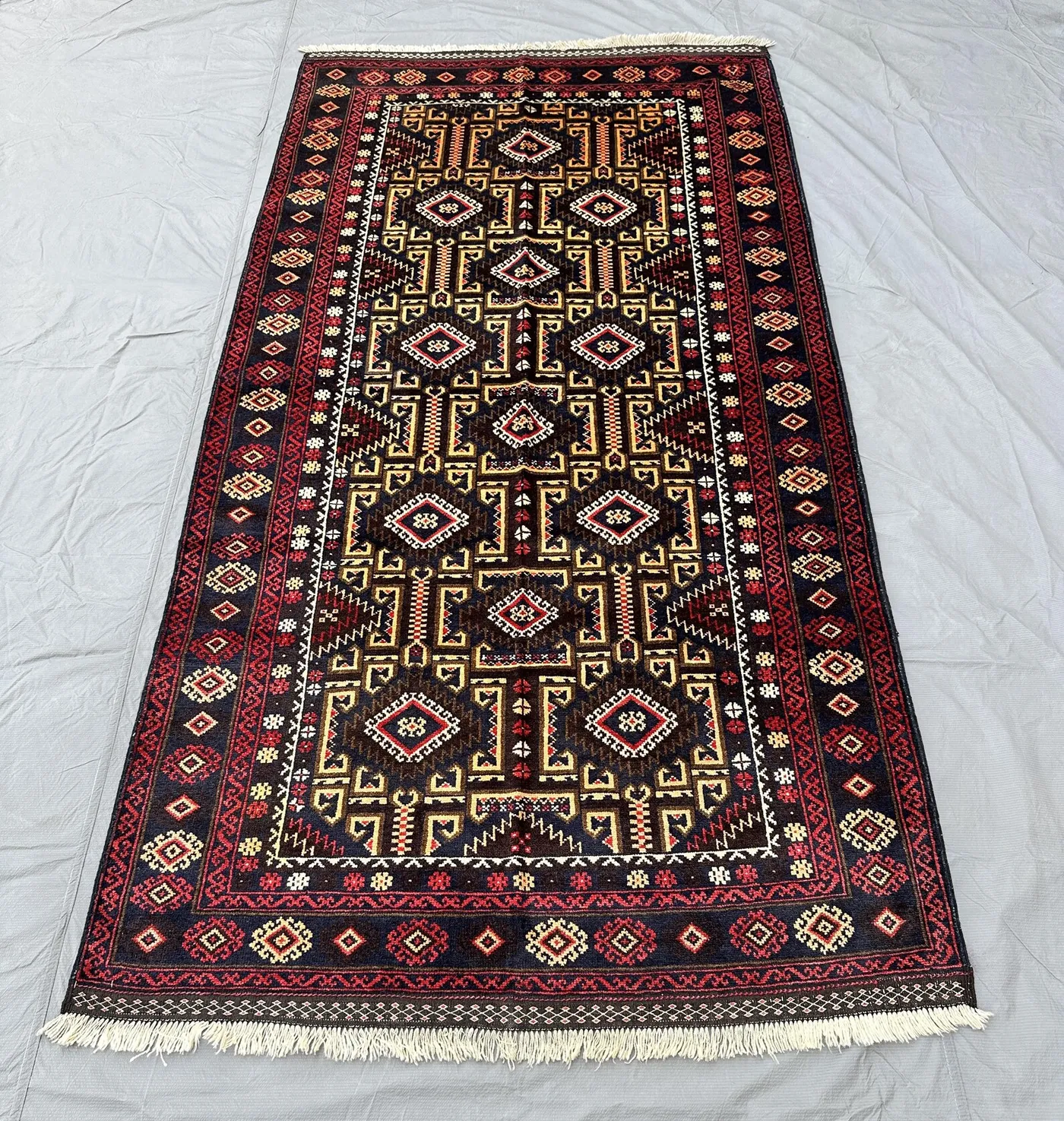 Vintage Handwoven Afghan Baluchi 4x9 Hallway Rug, Wide Runner Rug, Dark Geometric Pattern Rug, Entryway Rug, Navy & Yellow Wool Tribal Rug,
