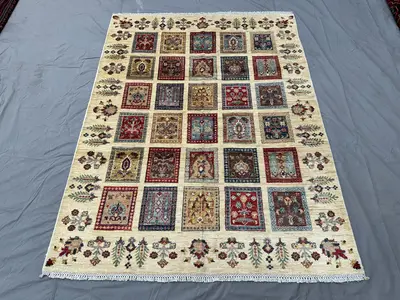 6'6x5 Ft, Handknotted Turkmen Four Season Design 5x7 Rug, Geometric Bakhtiyari Rug, Garden Scene Rug, Life of 