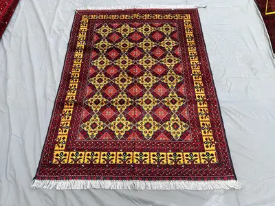 Fine Quality Handmade Turkmen Yousufi 5x6'6 Rug, Geometric Diamond Pattern Rug, Handwoven Yellow & Red Wool Ru