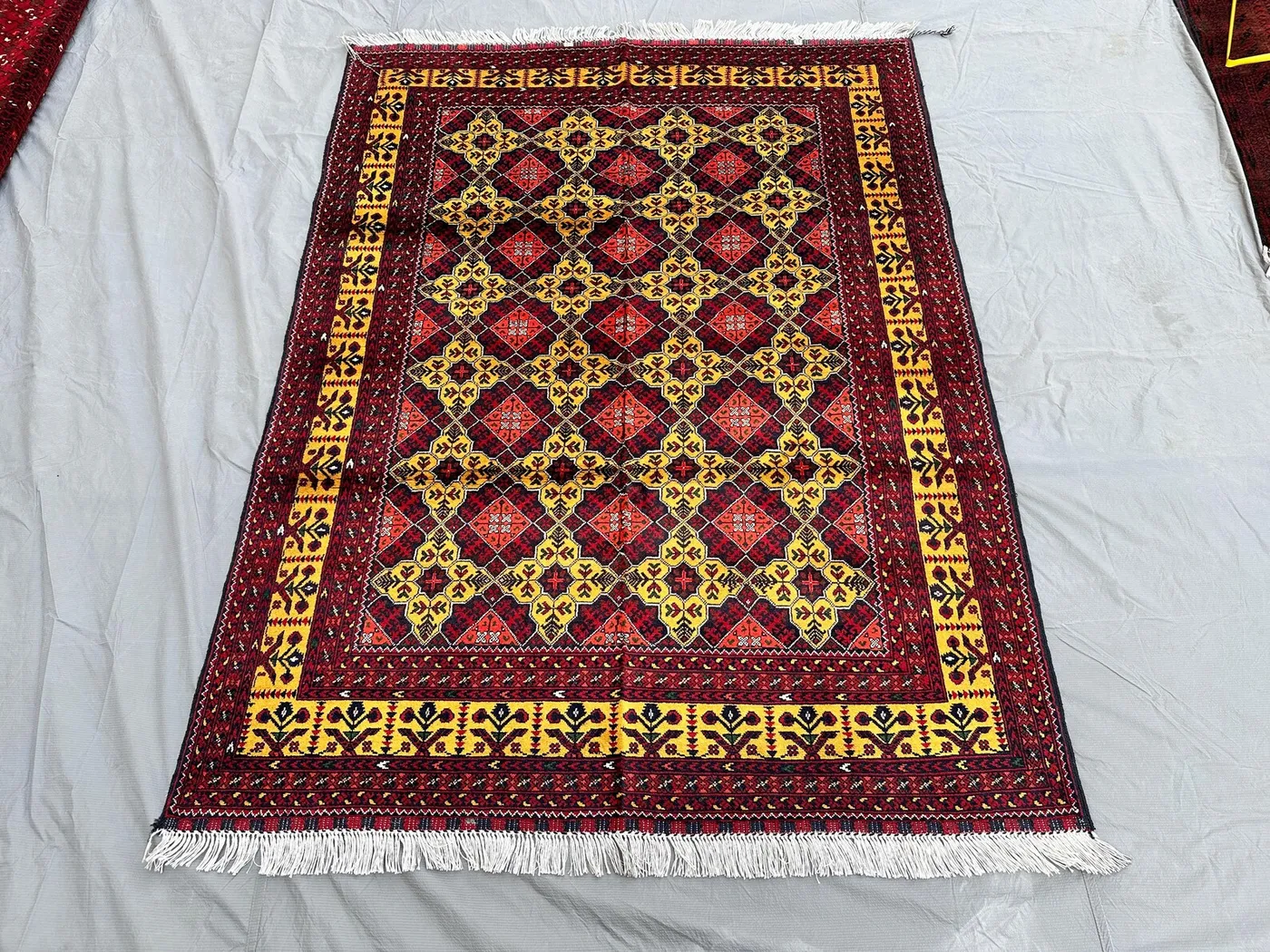 Fine Quality Handmade Turkmen Yousufi 5x6'6 Rug, Geometric Diamond Pattern Rug, Handwoven Yellow & Red Wool Rug, Entryway Rug, Bedroom Rug