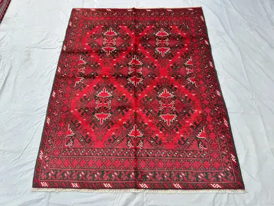 Splendid Turkmen Afghan 5x7 Rug, Khalmuhammadi Geometric Diamond Medallion Rug, Red Handknotted Wool Oriental 
