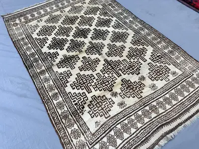 5x8 Vintage Afghan Kuchi Wool Rug, Cream Ivory Brown Undyed Natural Tribal Geometric Hand-Knotted Berber Style