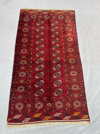 Red 3'5x6'3 Ft Hand-Knotted Afghan Vintage Turkoman Tribal Design Rug, 1920s Antique, Traditional Wool Rug, On