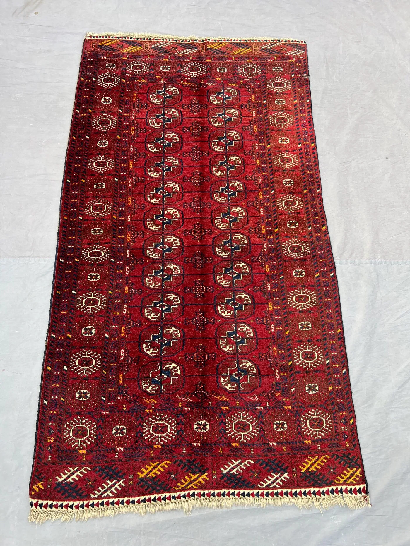 Red 3'5x6'3 Ft Hand-Knotted Afghan Vintage Turkoman Tribal Design Rug, 1920s Antique, Traditional Wool Rug, One-of-a-Kind, Unique Home Decor