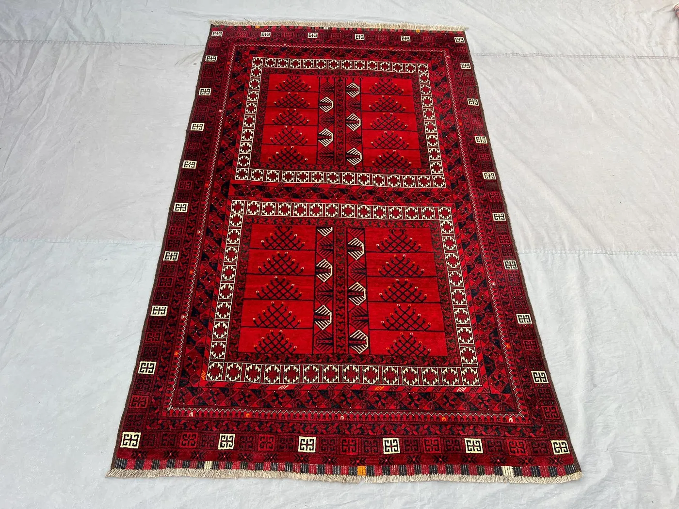 Red 5'1x8'7 Ft Hand-Knotted Turkmani Vintage Rug, Geometric Design, Soft Wool, Traditional, One-of-a-Kind Oriental Rug, Luxury Home Decor