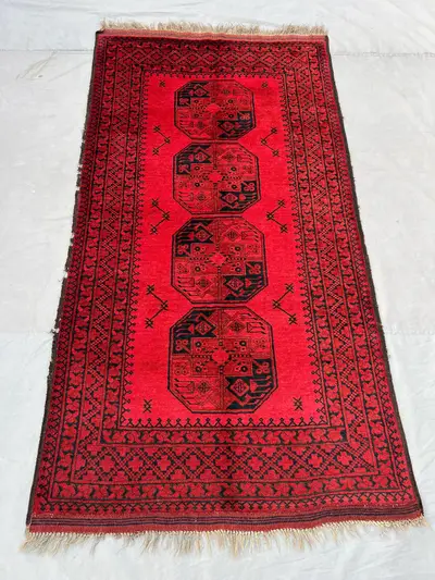 Red 4x7 Ft Hand-Knotted Turkmani Vintage Rug, Balochi Design, Oriental Soft Wool Rug, Traditional Wool Rug, Un