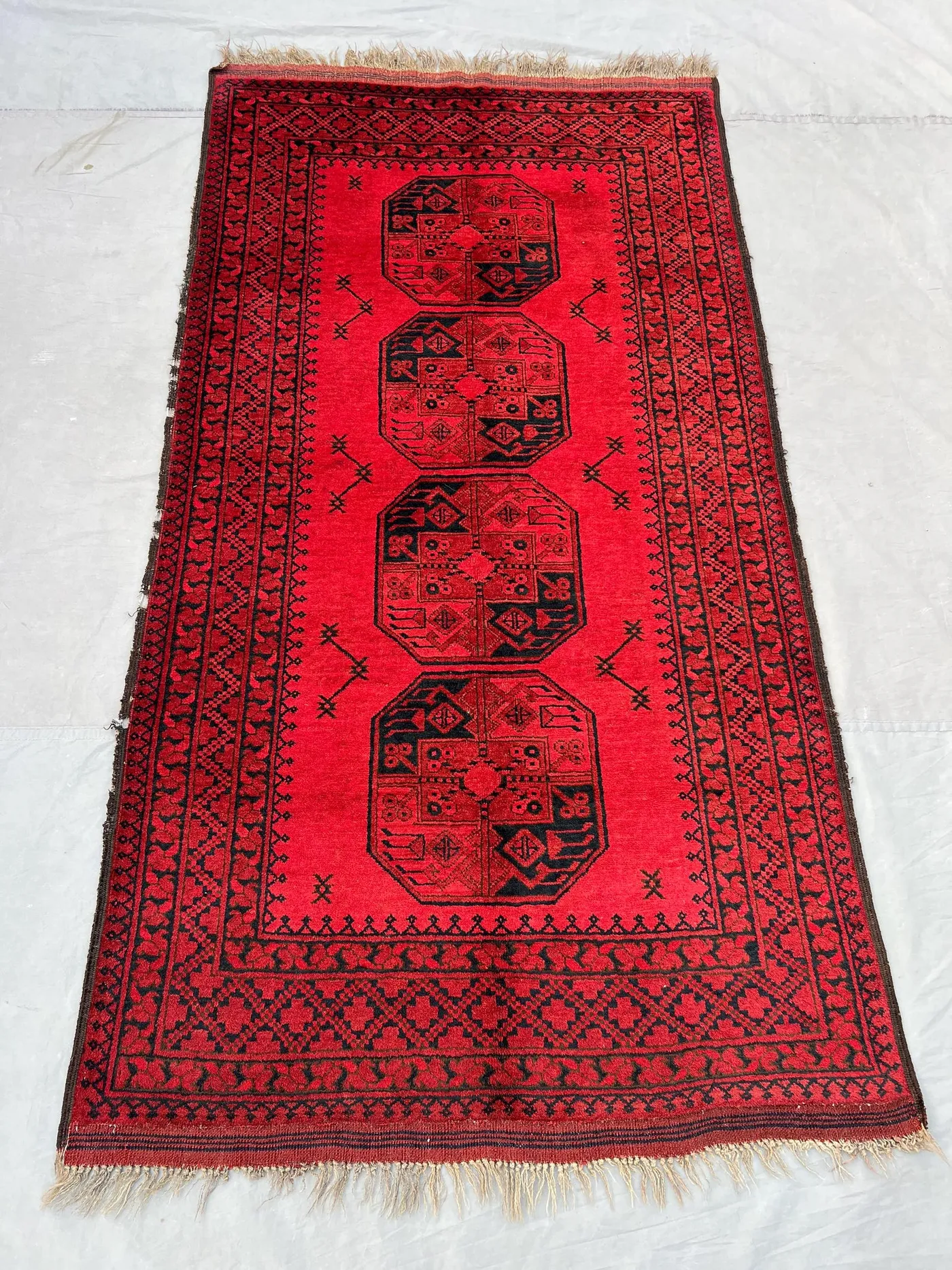 Red 4x7 Ft Hand-Knotted Turkmani Vintage Rug, Balochi Design, Oriental Soft Wool Rug, Traditional Wool Rug, Unique Home Decor Piece 1900s