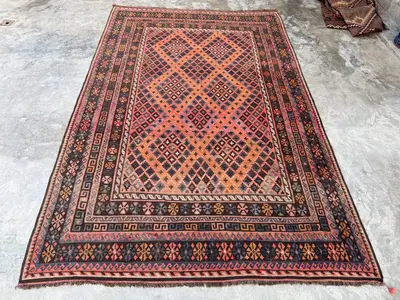 Terracotta Vintage Rug 8.7 x 13.7 ft Turkish Hand Knotted Soft Pile One of a Kind Antique Caucasian Geometric 