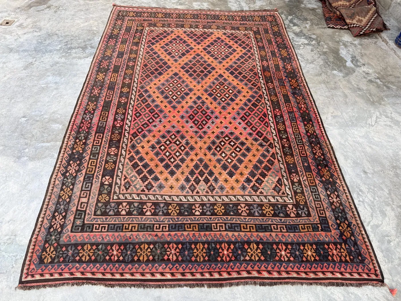 Terracotta Vintage Rug 8.7 x 13.7 ft Turkish Hand Knotted Soft Pile One of a Kind Antique Caucasian Geometric Design Living Room Area Rug
