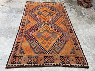 8x14 Antique Handmade Kilim Rug, Handwoven Flatweave, Old Faded Terracotta, Olive, Beige, Brown, Pink, Tribal 
