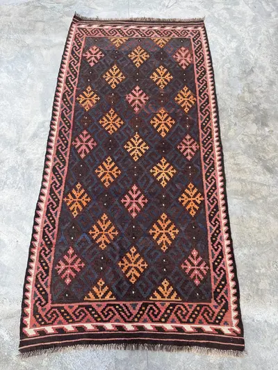 3'2 x 6'6 Vintage Afghan Handmade Turkish Style Ghelmori Geometric Kilim Flatweave Wool Runner Rug - Tribal Bo