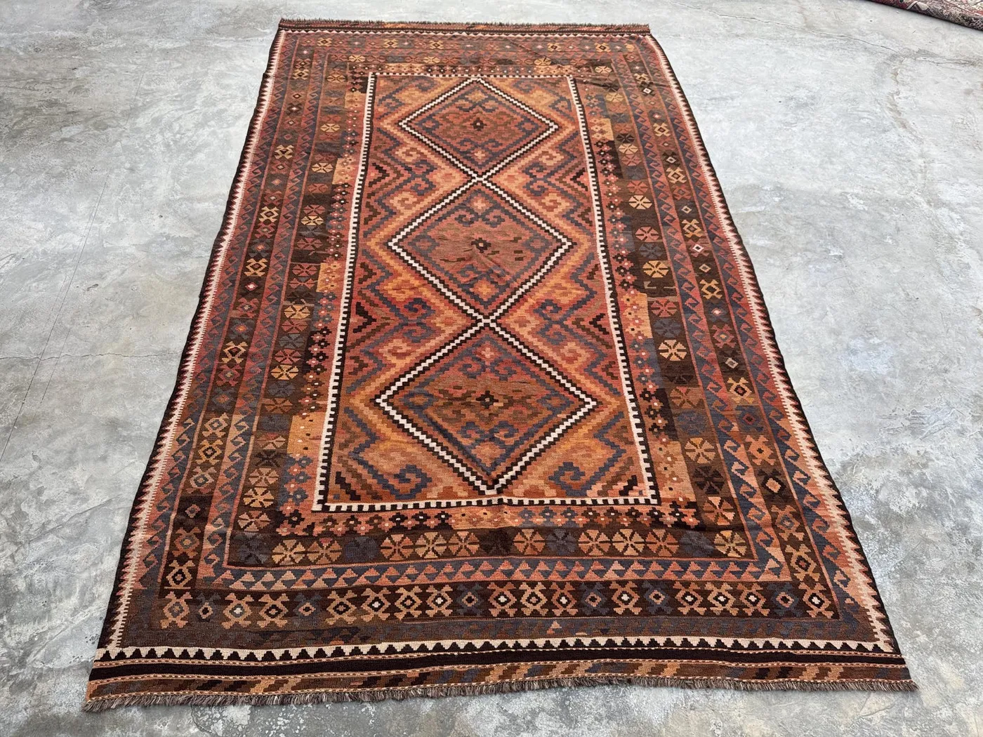 8x13 Ft Handmade Tribal Rug, Terracotta Faded Wool, Vintage Geometric Design, Large Area Rug, Luxury Boho Living Room or Dining Room Decor