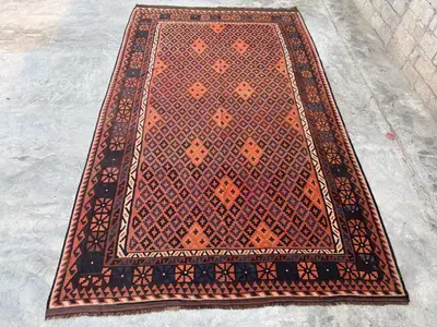 Large Vintage Turkish Kilim Rug 8'x13'10" (246x423 cm) Handwoven Wool Flatweave, Orange Red All-Over Geometric