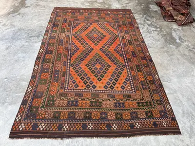 Orange Vintage Rug 8.2 x 13.2 ft Turkish Hand Knotted Soft Pile One of a Kind Antique Caucasian Geometric Desi