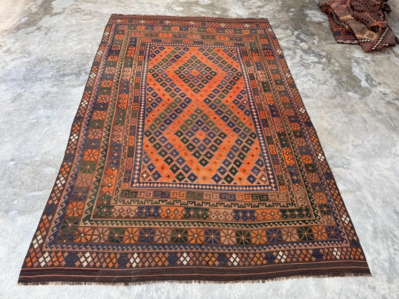 Orange Vintage Rug 8.2 x 13.2 ft Turkish Hand Knotted Soft Pile One of a Kind Antique Caucasian Geometric Design Living Room Area Rug
