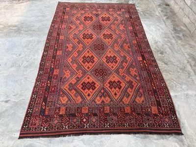 8x13 Afghan Handmade Tribal Kilim Rug, Flat Weave Wool, Geometric Design, One of a Kind, Ideal for Small Area,