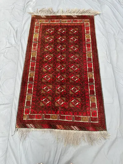 Vintage Handmade Turkmen 3x5 Rug Geometric Box Pattern Rug Traditional Red & Green Area Rug, Tribal Accent Rug