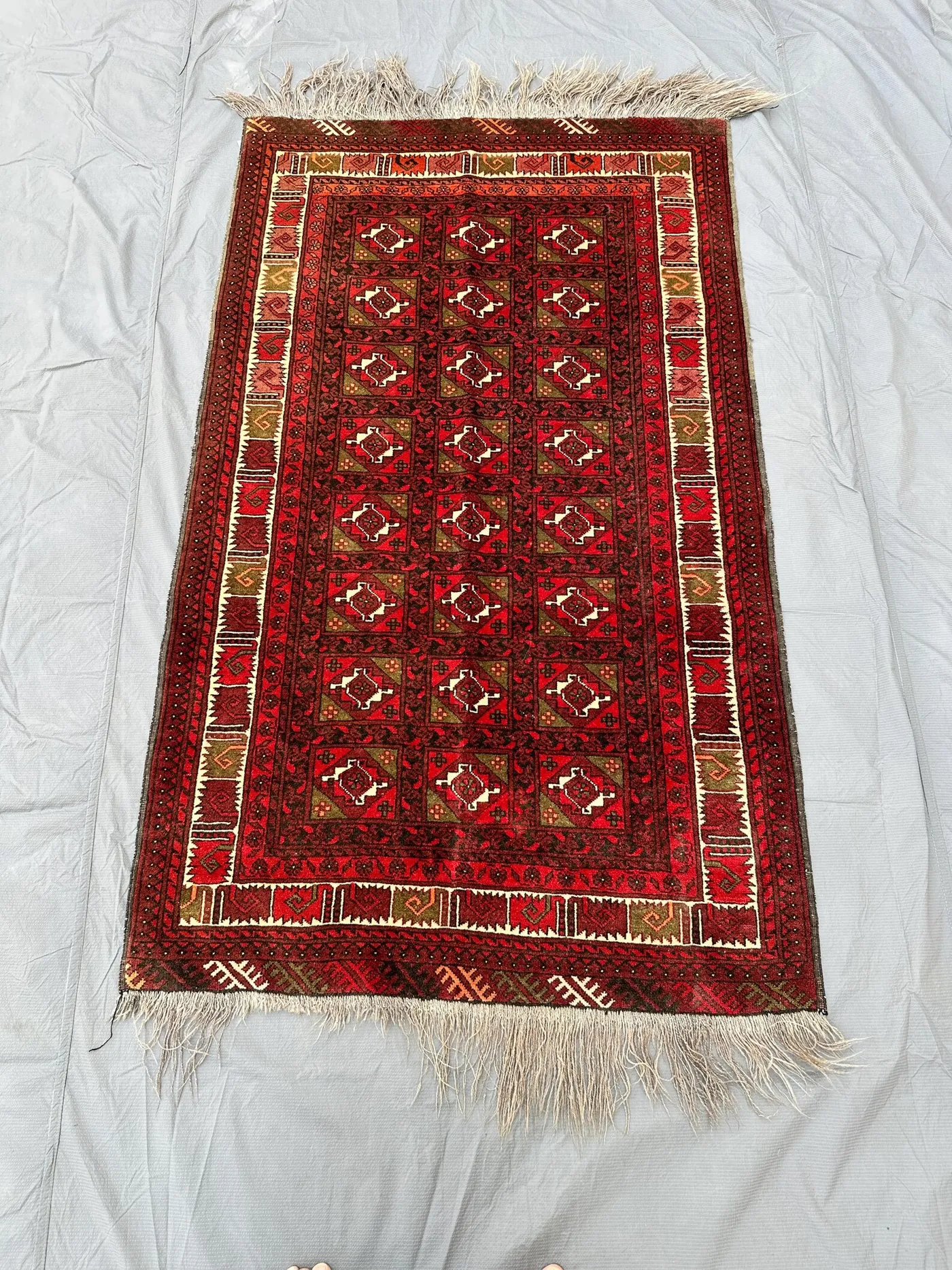 Vintage Handmade Turkmen 3x5 Rug Geometric Box Pattern Rug Traditional Red & Green Area Rug, Tribal Accent Rug, Entryway Rug, Foyer Area Rug