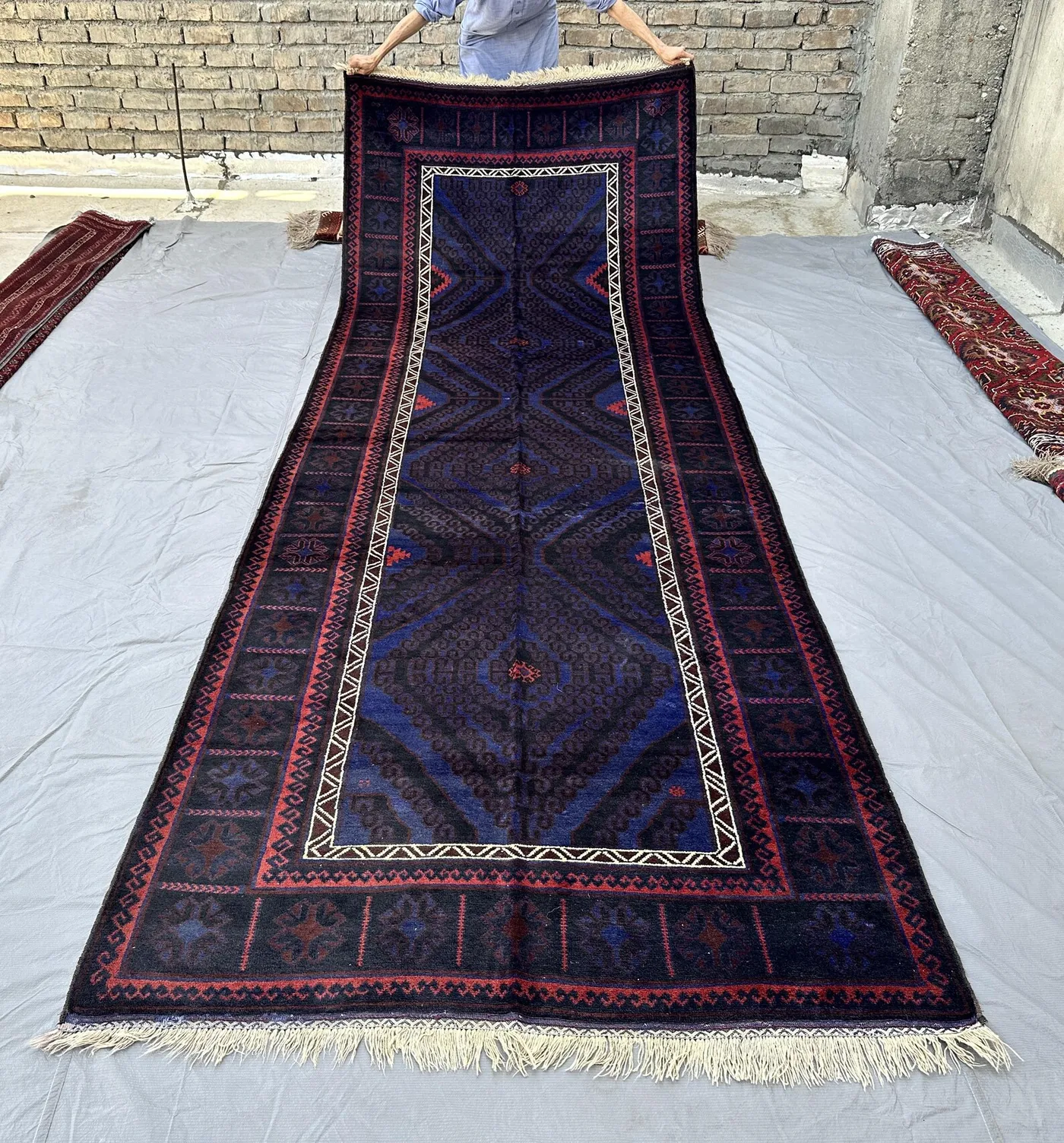 Vintage Dark Baluchi Zanjeeri 4x13 Runner, Wide Runner Rug, Tribal Geometric Medallion Design Rug, Corridor or Gallery Decor Hallway Rug