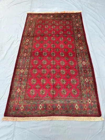 Vintage Afghan 4x7 Rug, Turkmen Bukhara Design Rug, Geometric Gul Pattern Wool Carpet, Handknotted Red Crimson