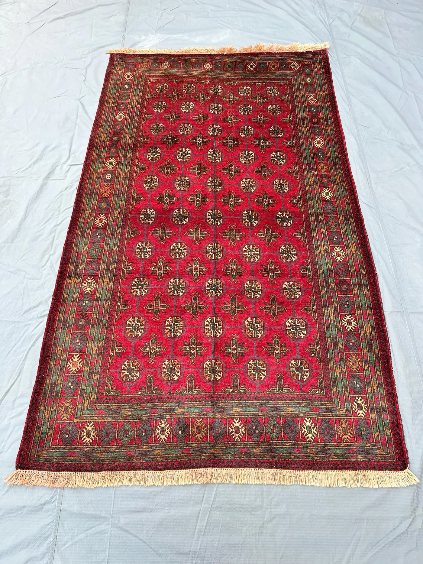Vintage Afghan 4x7 Rug, Turkmen Bukhara Design Rug, Geometric Gul Pattern Wool Carpet, Handknotted Red Crimson Living Room Area Rug