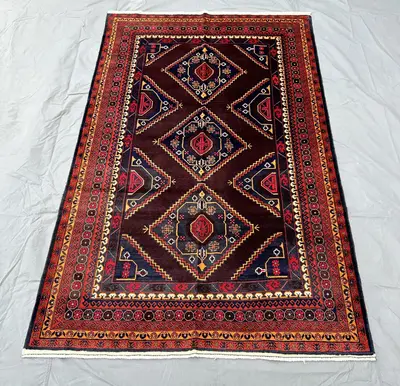 4'7x7'4 Ft Vintage Afghan Baluchi Rug | Diamond Medallion Area Rug | Living Room Office | Dining Room Study Ho