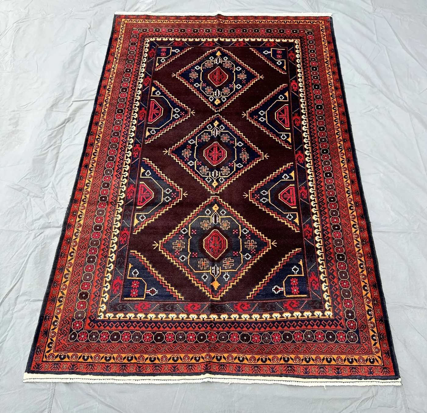 4'7x7'4 Ft Vintage Afghan Baluchi Rug | Diamond Medallion Area Rug | Living Room Office | Dining Room Study Home Decor | Dark Brown Wool Rug