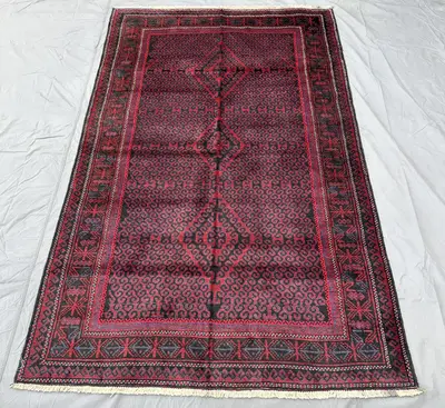 Vintage Afghan Baluchi 5x8 Rug, Geometric Zanjeeri Design Rug, Black Red Dyed Wool Rug Dining Room Floor Kitch