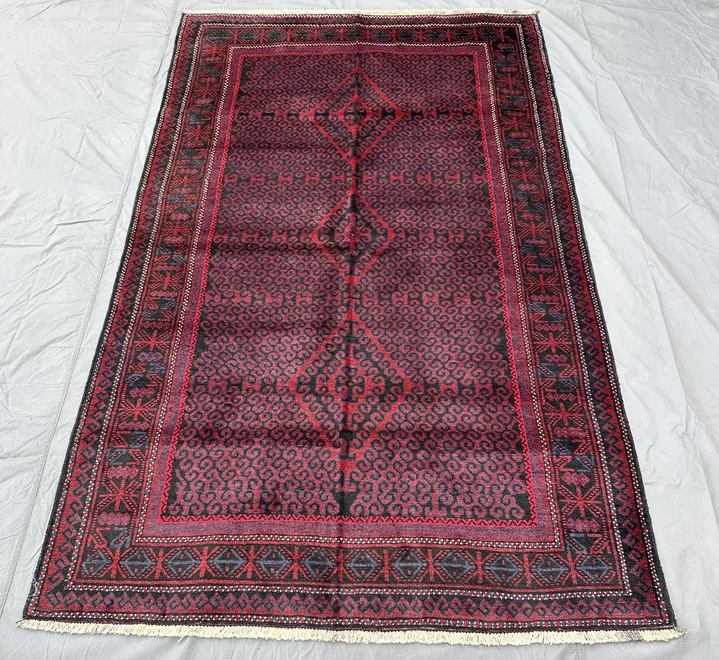 Vintage Afghan Baluchi 5x8 Rug, Geometric Zanjeeri Design Rug, Black Red Dyed Wool Rug Dining Room Floor Kitchen Home Accent Area Carpet