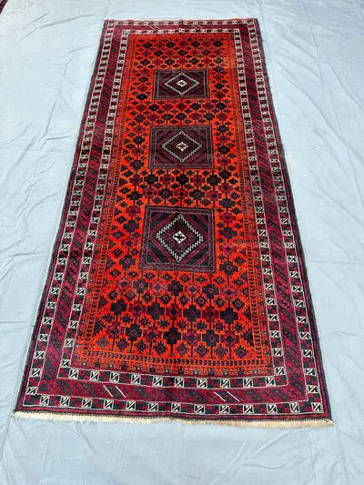 Vintage Baluchi 4x9 Hallway Rug, Geometric Pattern Runner, Nomadic Entryway Rug, Kitchen Home Decor, Orange Wo