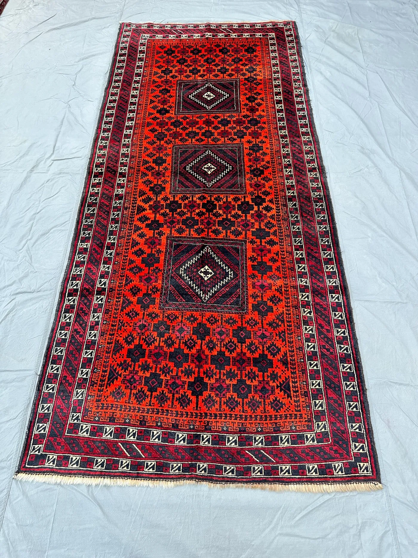 Vintage Baluchi 4x9 Hallway Rug, Geometric Pattern Runner, Nomadic Entryway Rug, Kitchen Home Decor, Orange Wool Rug, Wide Runner Rug