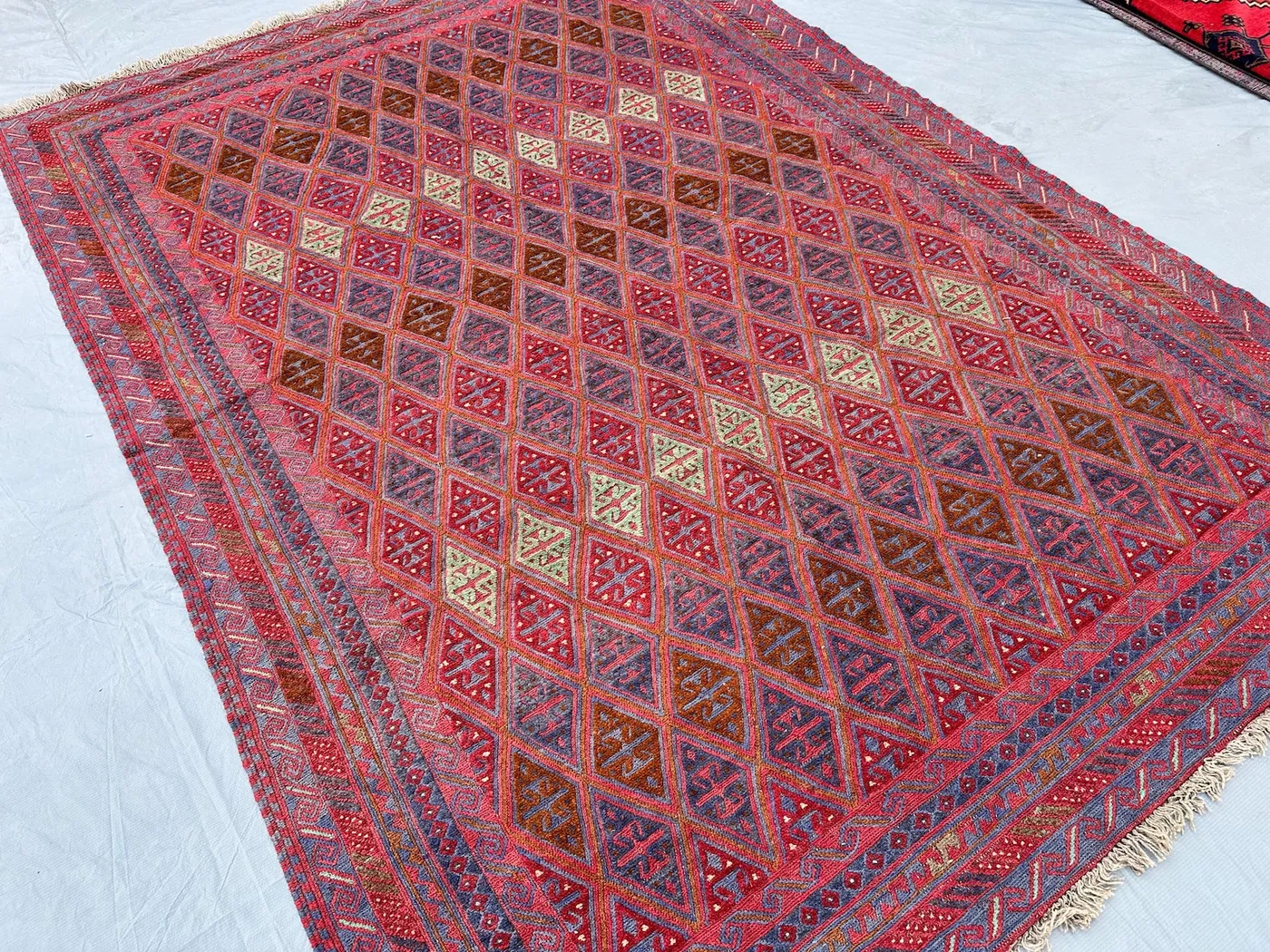 6x9 Afghan Mushwani Kilim Wool Rug, Muted Rose Blue Diamond Lattice Soumak Flatweave Handwoven Boho Living Room Carpet
