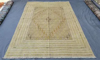 High Quality Afghan Mishwani Kilim 9x7, Handwoven Wool Flatweave Rug, Cross Star Diamond Pattern, Neutral Boho