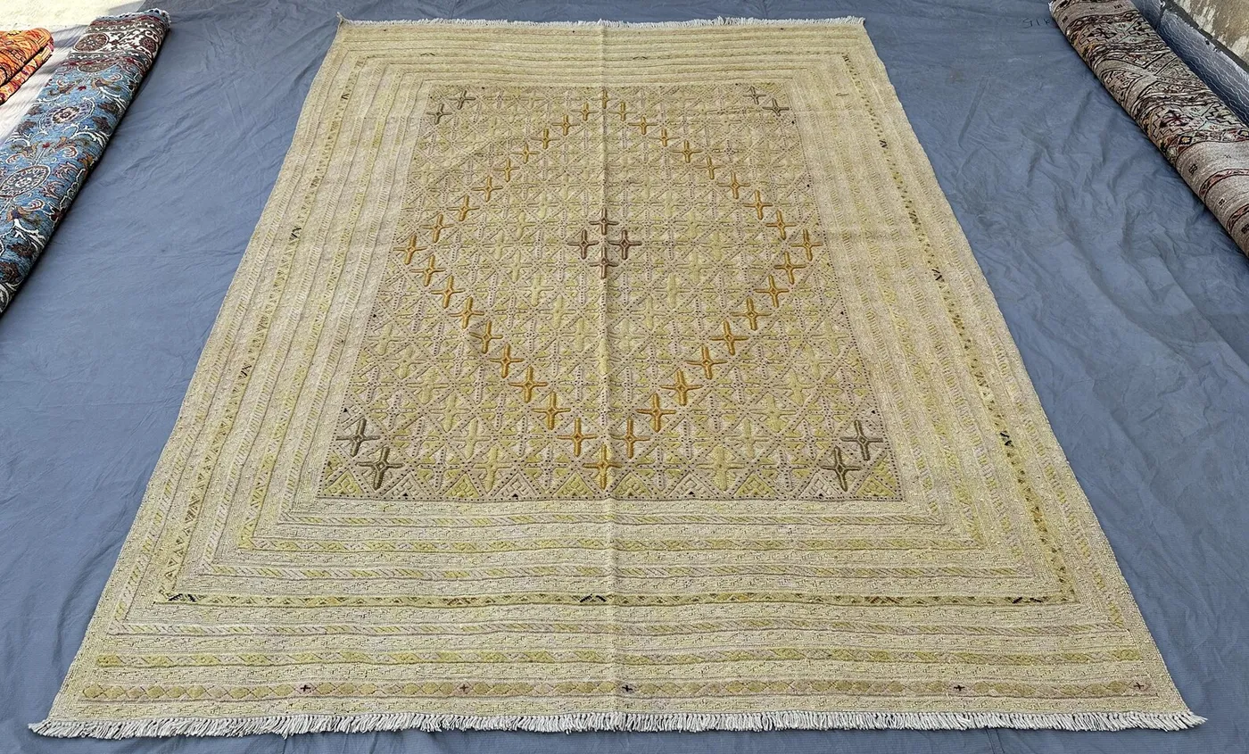 High Quality Afghan Mishwani Kilim 9x7, Handwoven Wool Flatweave Rug, Cross Star Diamond Pattern, Neutral Boho Living Room Rug