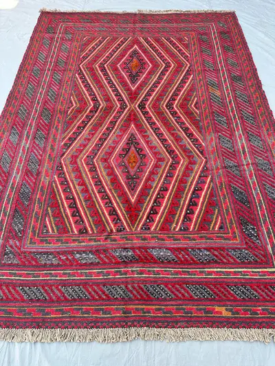6x9 Handwoven Wool Kilim Rug, Red Grey Diamond Tribal Soumak Flatweave Afghan Mashwani Boho Living Room Area C