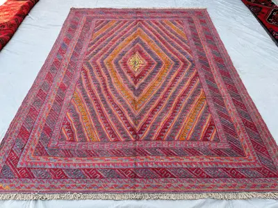 Handwoven Mushwani Kilim Rug 9x7 – Afghan Tribal Diamond Pattern Area Rug – Red Blue Geometric Wool Rug for Li