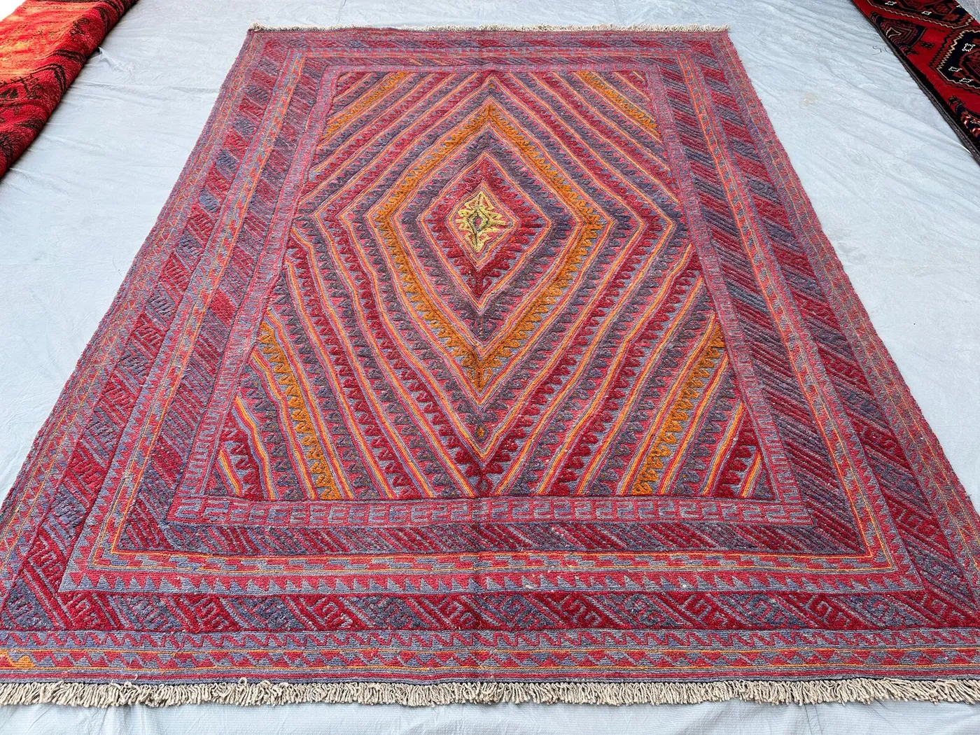 Handwoven Mushwani Kilim Rug 9x7 – Afghan Tribal Diamond Pattern Area Rug – Red Blue Geometric Wool Rug for Living Room Bedroom RugCharm