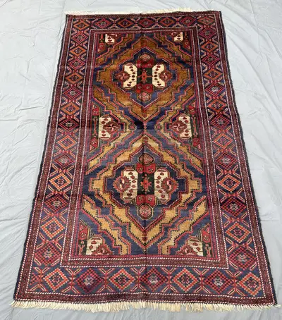 Stunning Vintage Afghan Baluchi 4x7 Rug, Handknotted Tribal Medallion Design Rug, Nomadic Heritage Wool Carpet