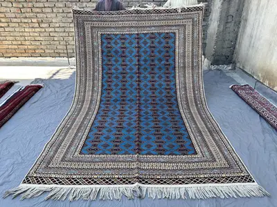 9x6 Persian-Style Herati Design Rug | Hand-Knotted Afghan Wool | Sky-Blue Diamond-Lattice Tribal Carpet