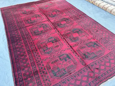7x10,  Vintage Red Afghan Rug, Large Gul Tribal Carpet Ersari Wool Area Rug Living Room Oriental Rug