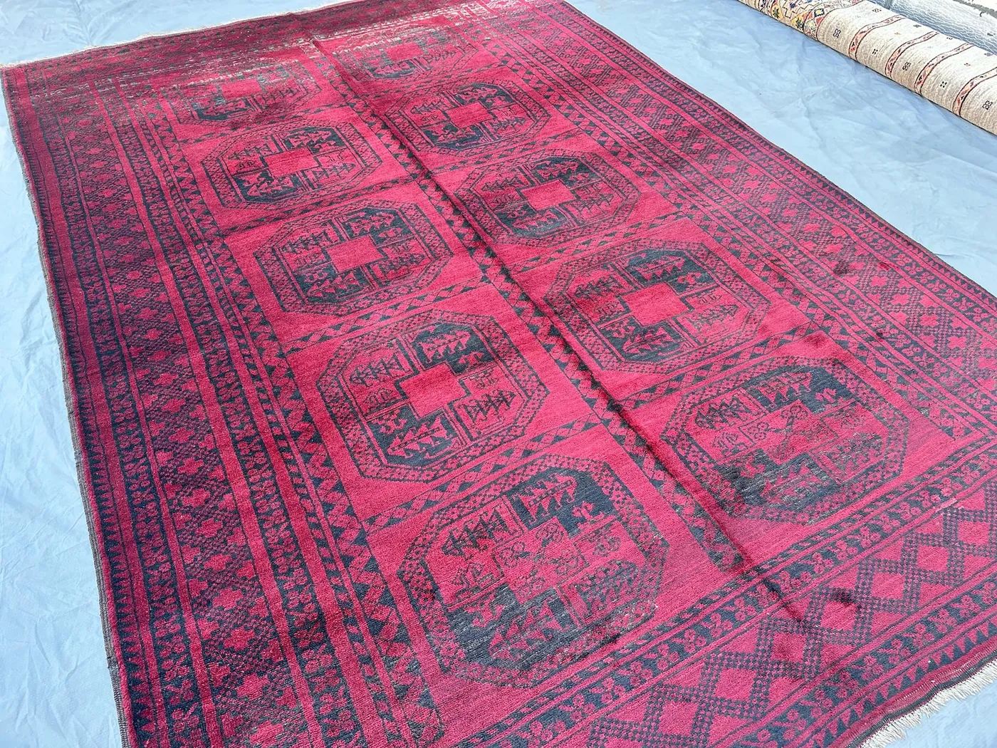 7x10, Vintage Red Afghan Rug, Large Gul Tribal Carpet Ersari Wool Area Rug Living Room Oriental Rug