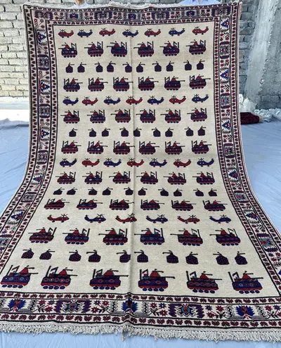 7x10 Afghan War Rug, Hand Knotted Wool Tank Helicopter Carpet, Ivory Pictorial Collector Rug Living Room Rug